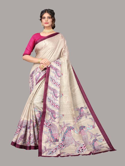 peacock motif printed saree with blouse - 19568567 - Standard Image - 0