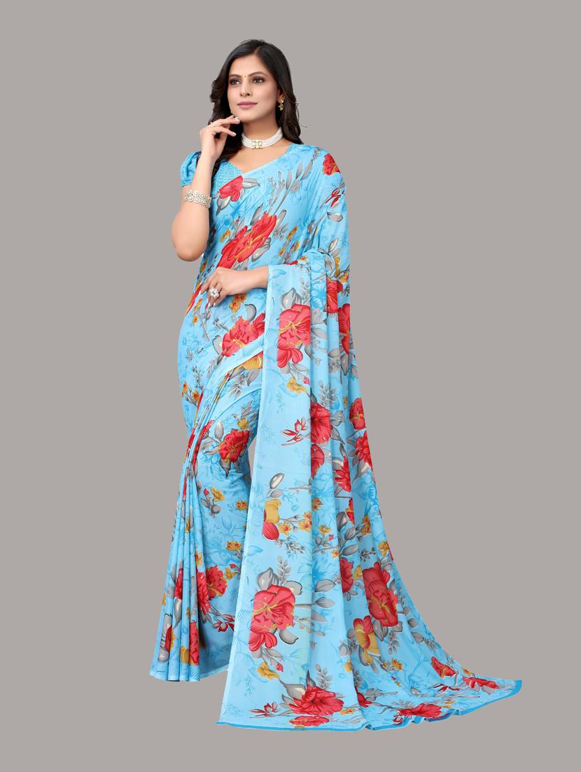 blue georgette printed woven saree with blouse - 19568585 -  Zoom Image - 0