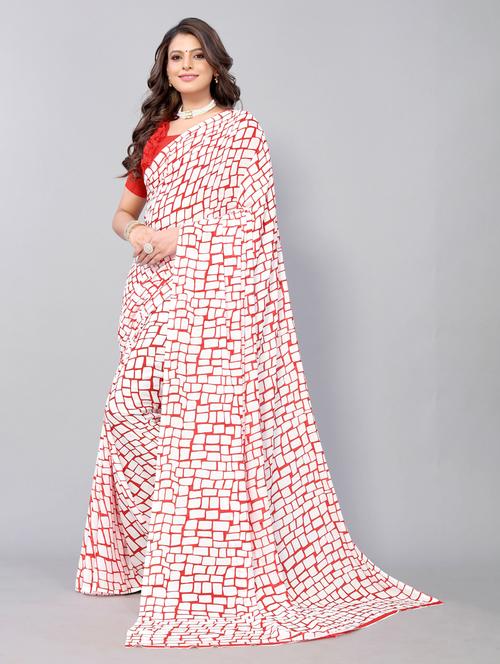 red georgette printed saree with blouse - 19568648 - Standard Image - 0