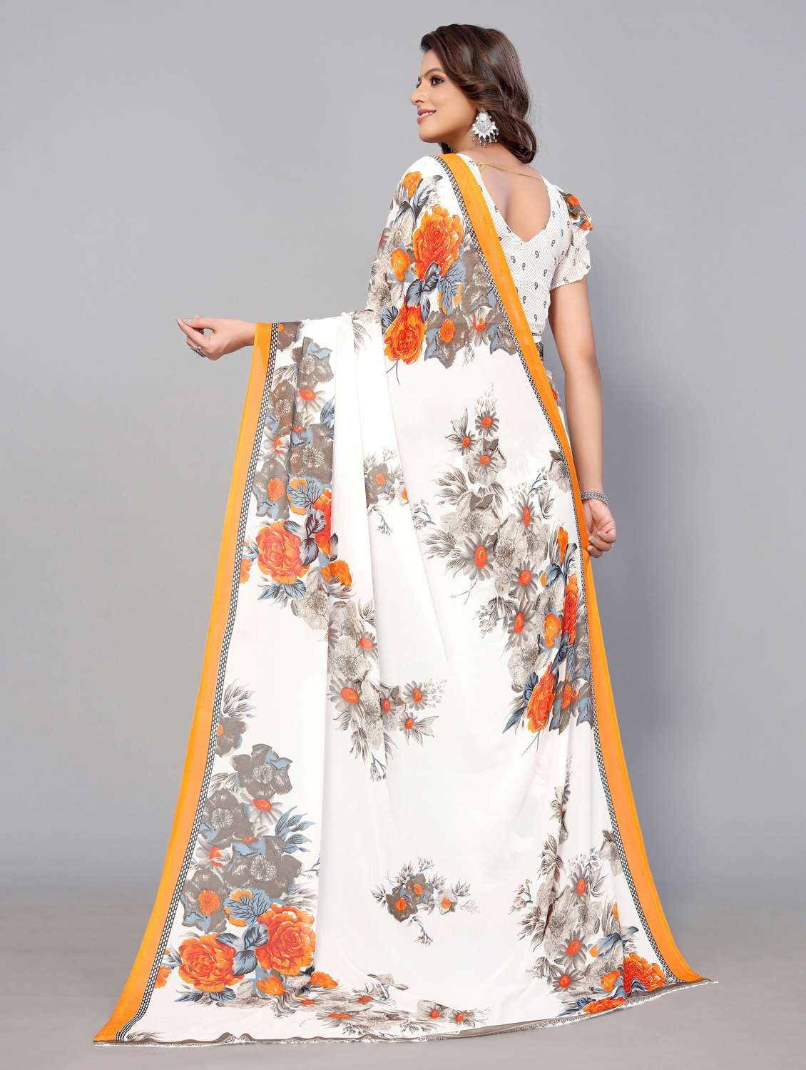 white georgette printed saree with blouse - 19568651 -  Standard Image - 3