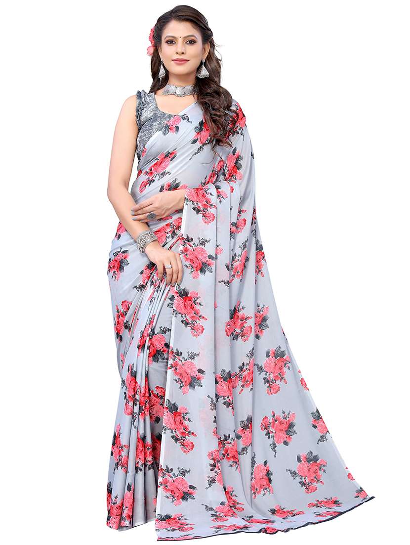 grey georgette printed saree with blouse