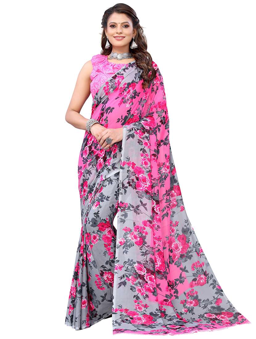 pink georgette printed saree with blouse
