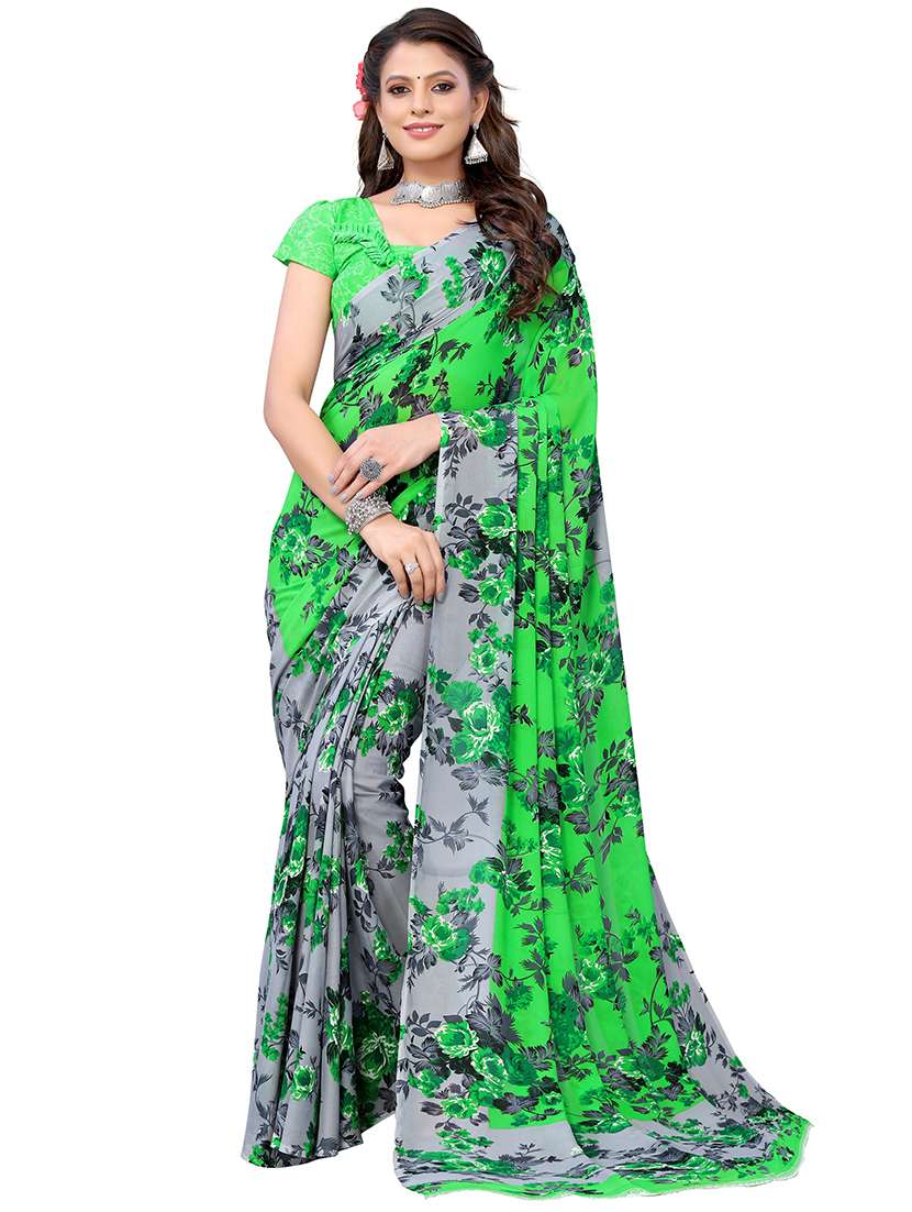 green georgette printed saree with blouse