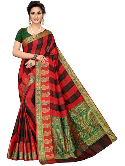 red cotton blend check woven saree with blouse - 19568920 - Standard Image - 0