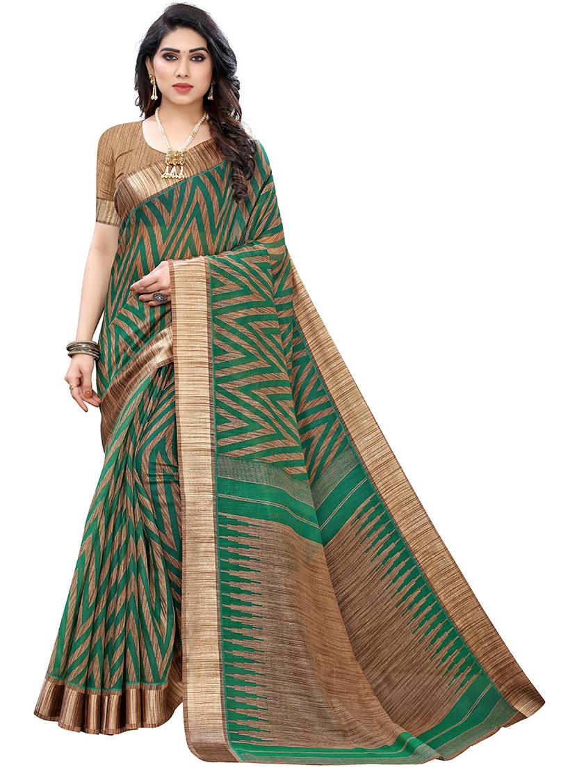 green linen chevron print woven saree with blouse - 19568951 -  Zoom Image - 0