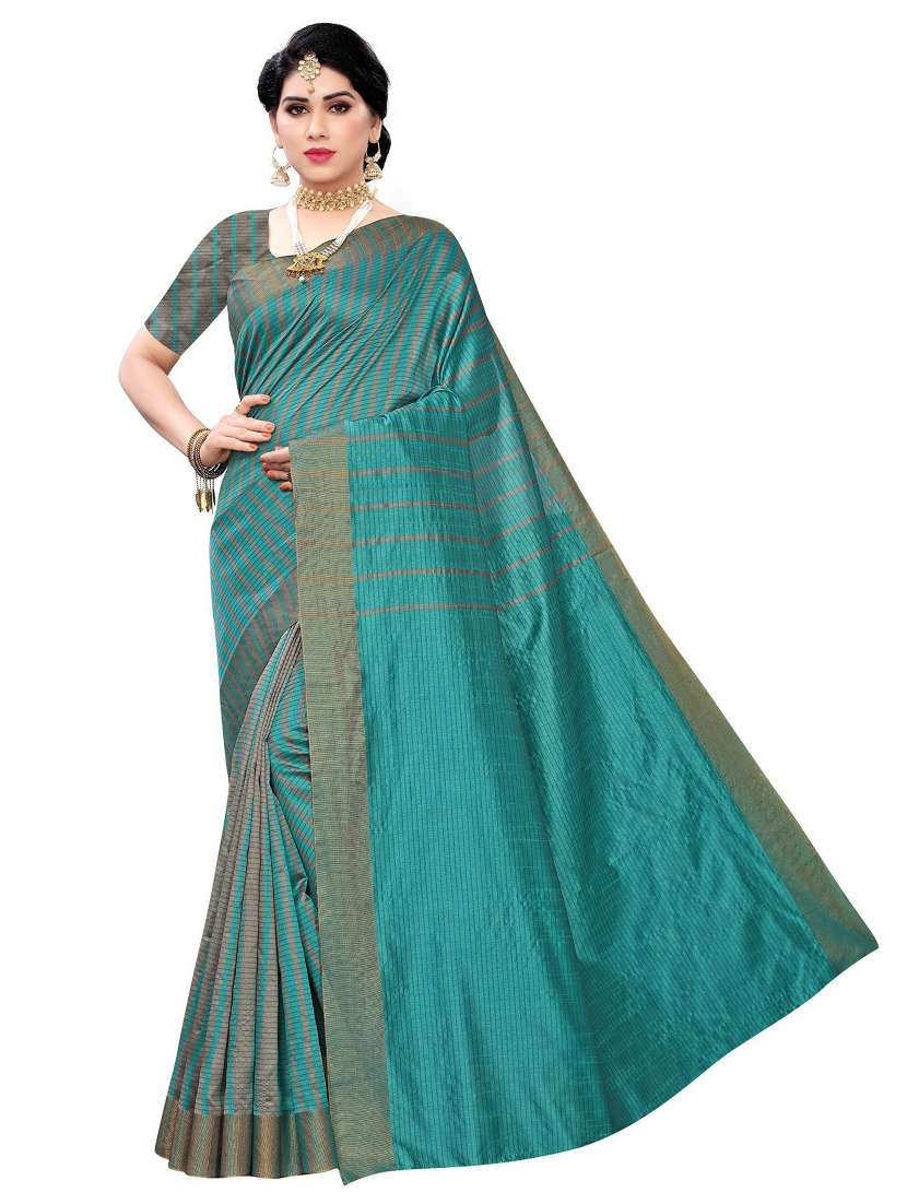 teal cotton silk woven check saree with blouse - 19569169 -  Zoom Image - 0