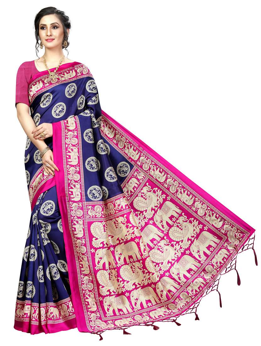 dark blue printed saree with blouse - 19569274 - Zoom Image - 0