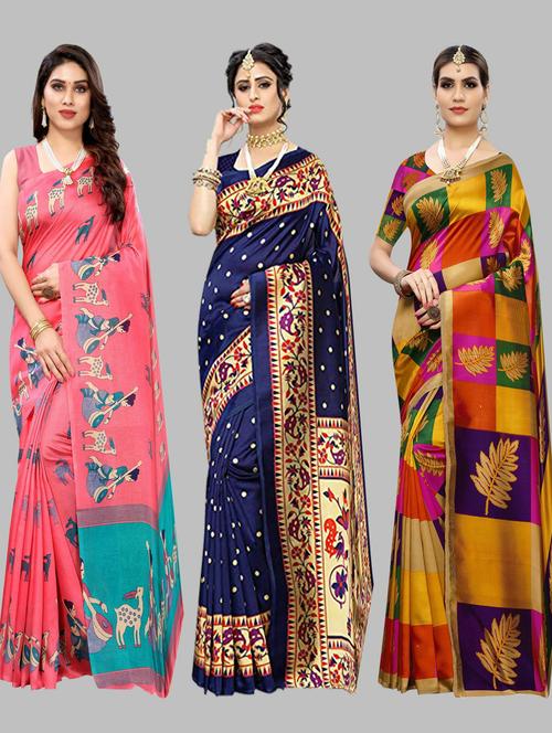 pack off 3 printed sarees with blouse - 19571293 - Standard Image - 0