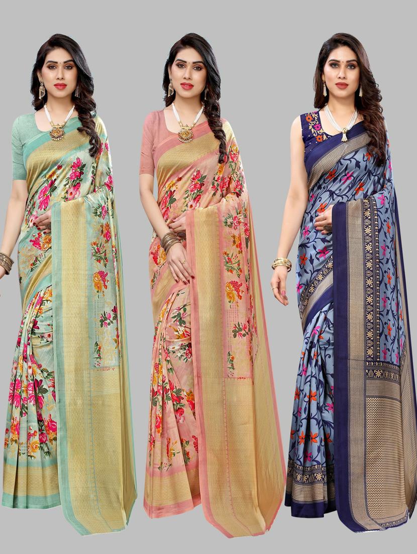 pack off 3 printed sarees with blouse - 19571311 - Zoom Image - 0
