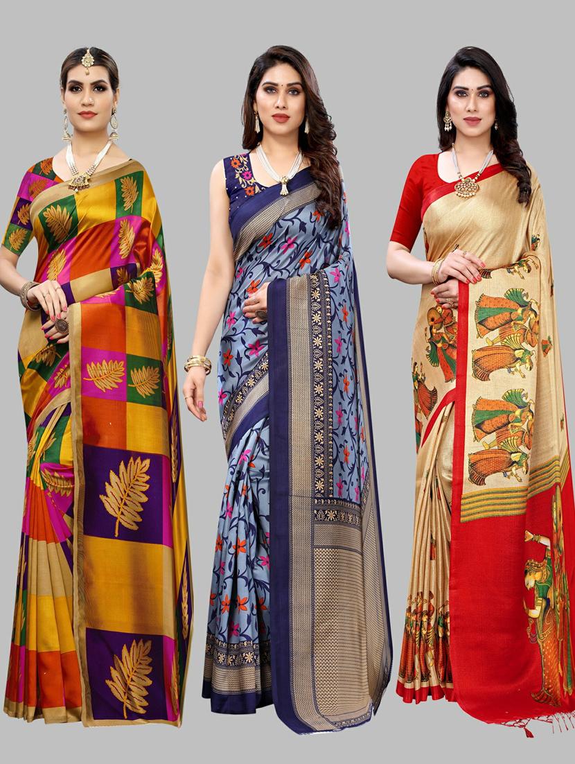 pack off 3 printed sarees with blouse - 19571312 -  Zoom Image - 0