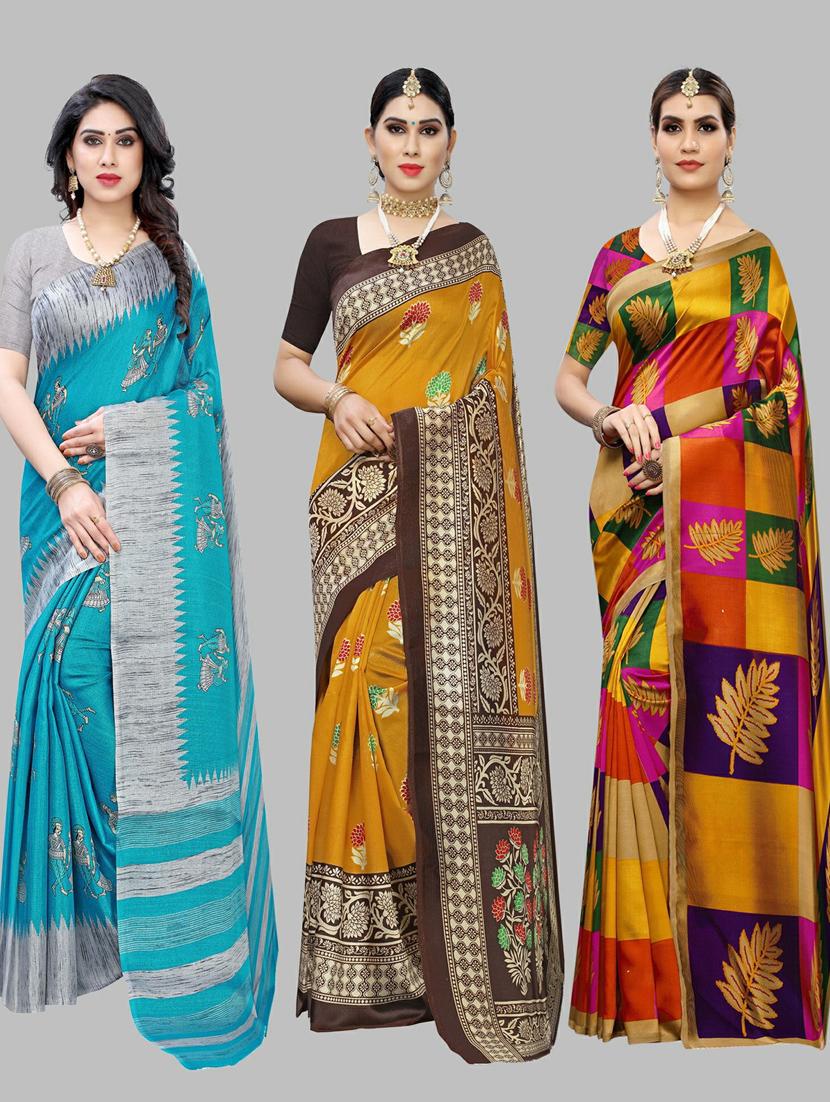 pack off 3 printed sarees with blouse - 19571318 - Zoom Image - 0