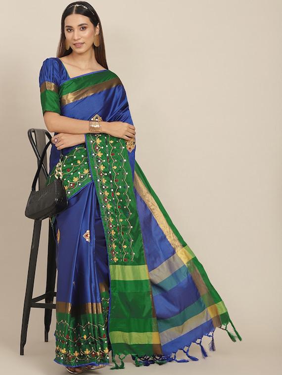 women's solid navy blue colored saree with blouse - 19572716 -  Zoom Image - 0