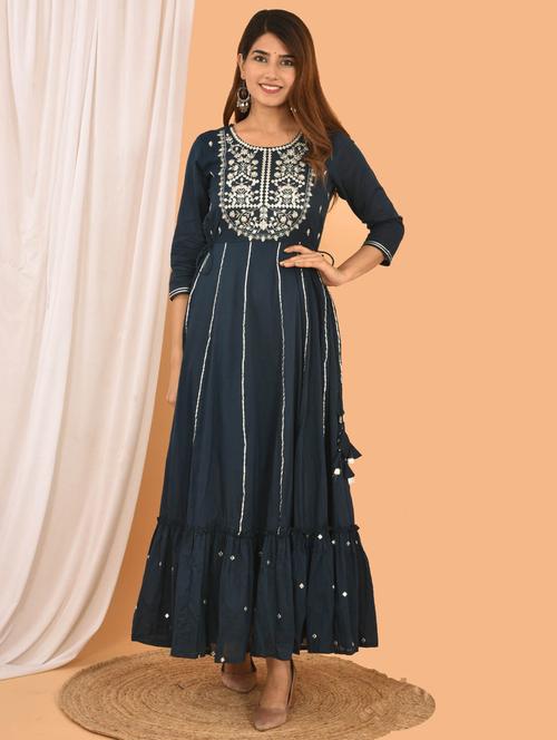 blue round neck self designed flared kurta - 19577950 -  Standard Image - 0