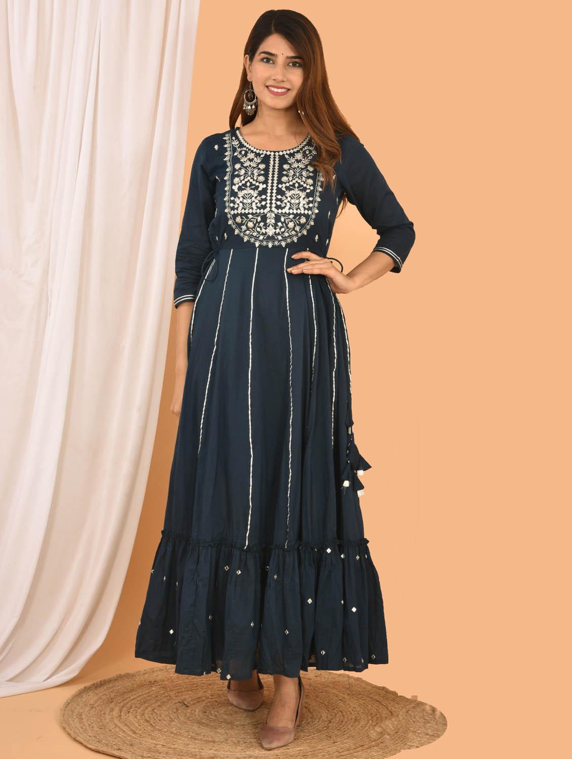 blue round neck self designed flared kurta - 19577950 -  Zoom Image - 0