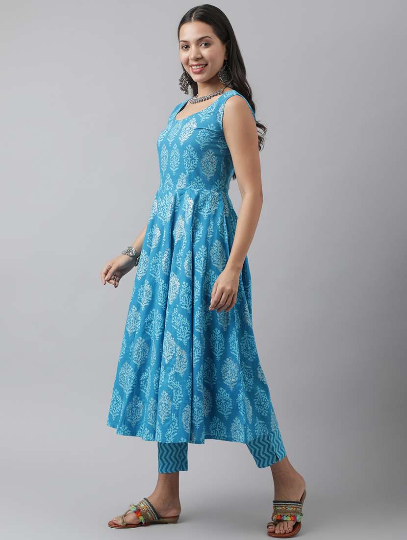 Women Turquoise Sleeveless Kurta Pant With Dupatta Set