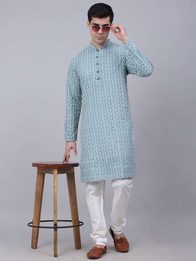 teal blue kurta pyjama ethnic wear set - 19579384 - Standard Image - 3