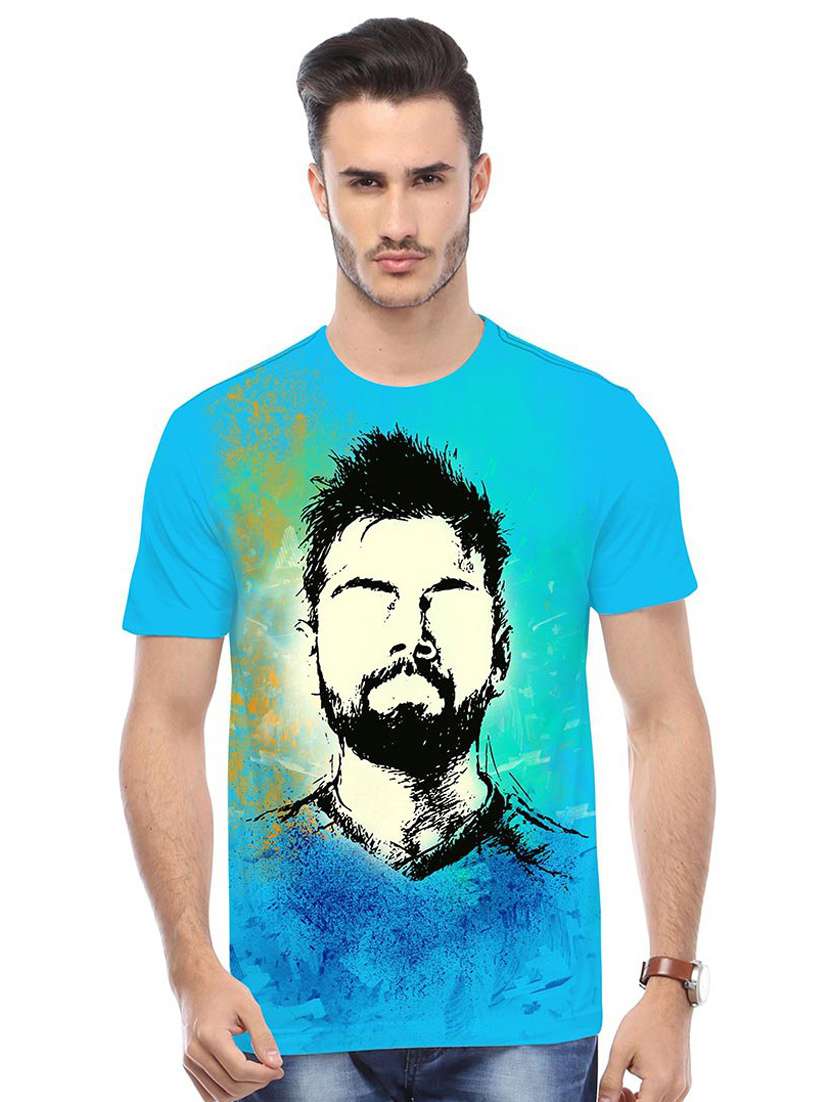 blue printed cotton blend regular t-shirt
