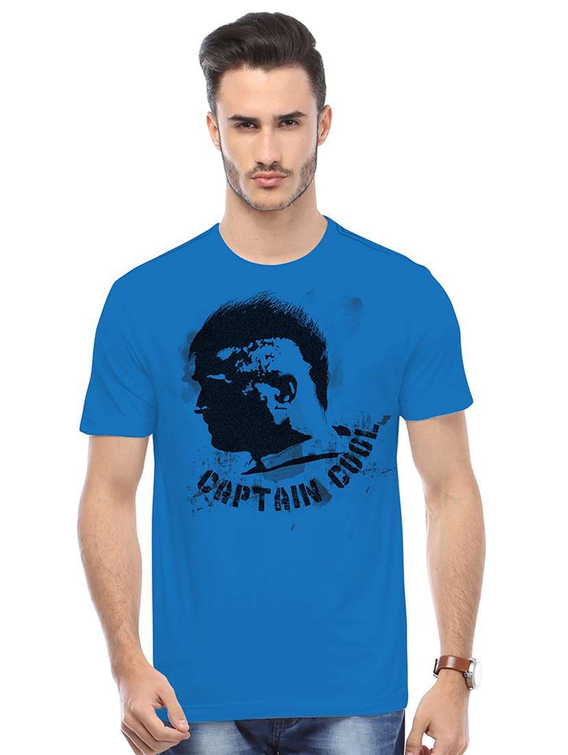 blue printed cotton blend regular t-shirt
