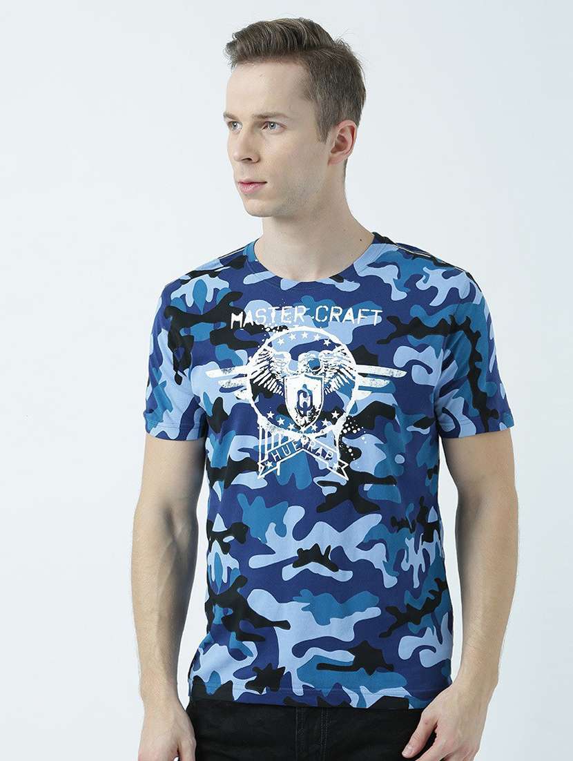 blue printed cotton blend regular t-shirt