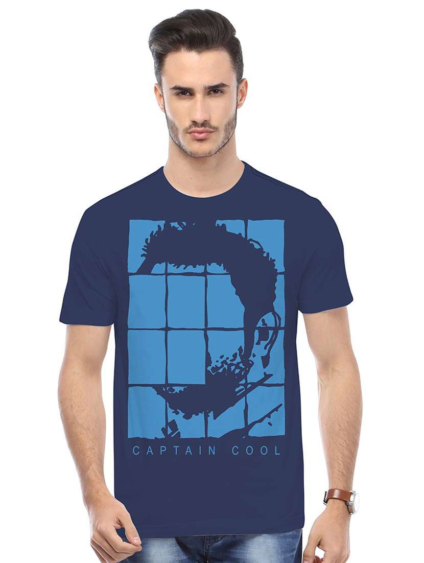 blue printed cotton blend regular t-shirt