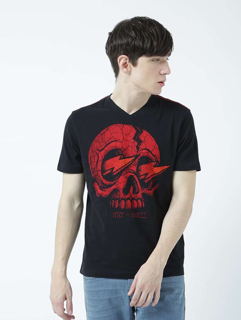 black printed cotton blend regular t-shirt