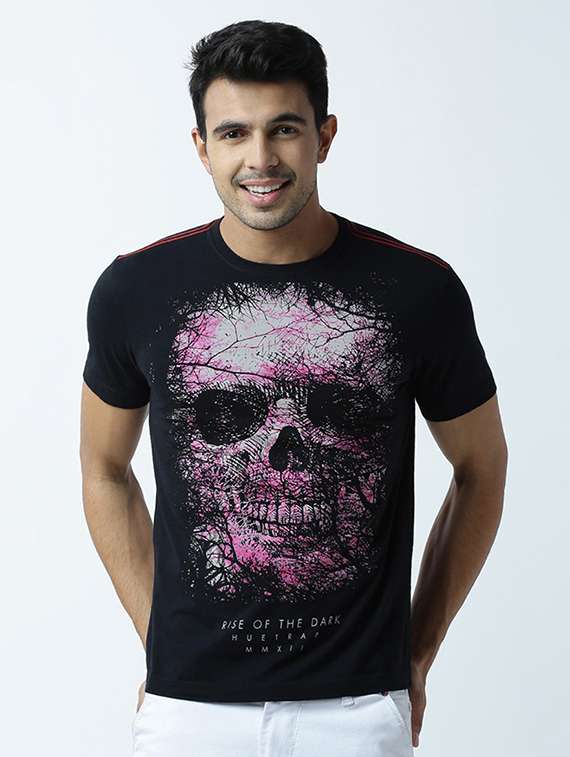 black printed cotton blend regular t-shirt