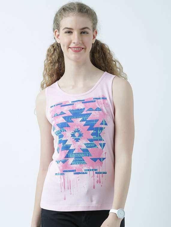 pink printed round neck t-shirt