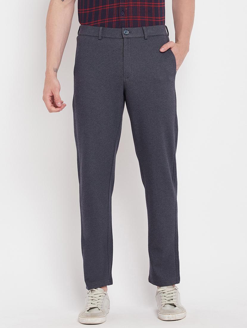 dark blue cotton blend flat front casual trousers