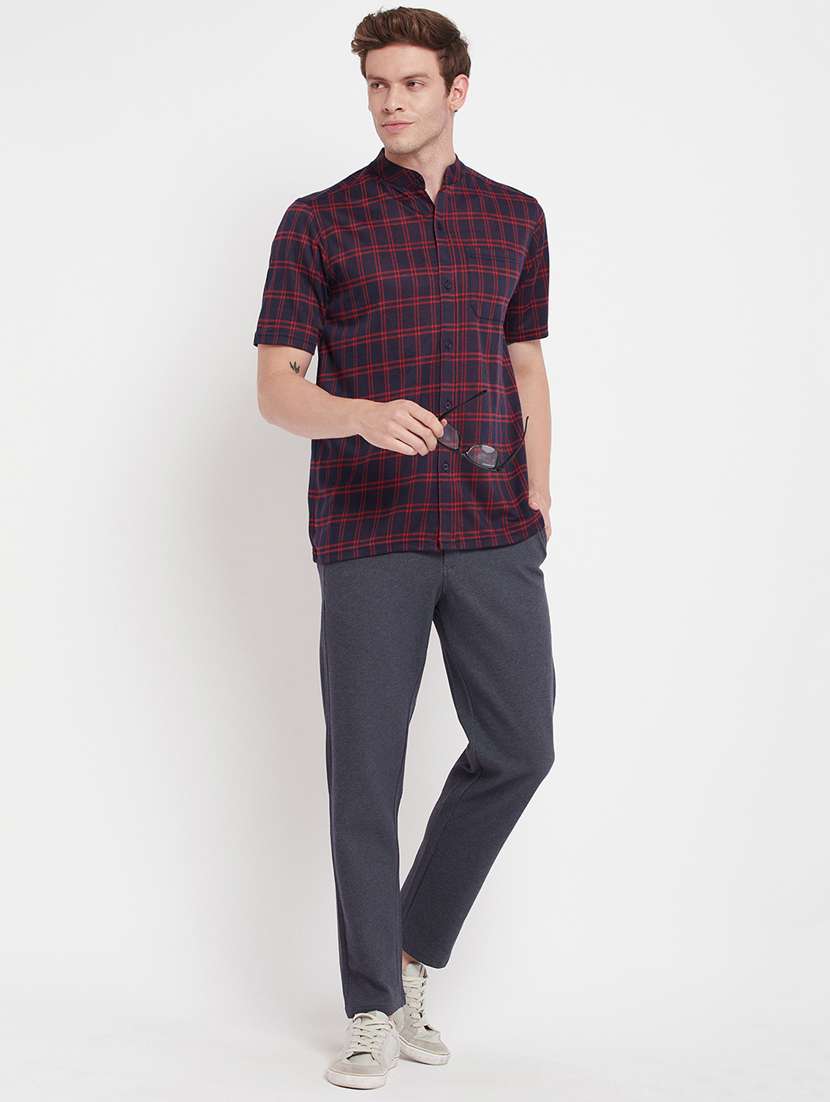dark blue cotton blend flat front casual trousers - 19586634 - Standard Image - 3