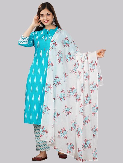 blue colored mandarin collar kurta set - 19586806 - Standard Image - 0