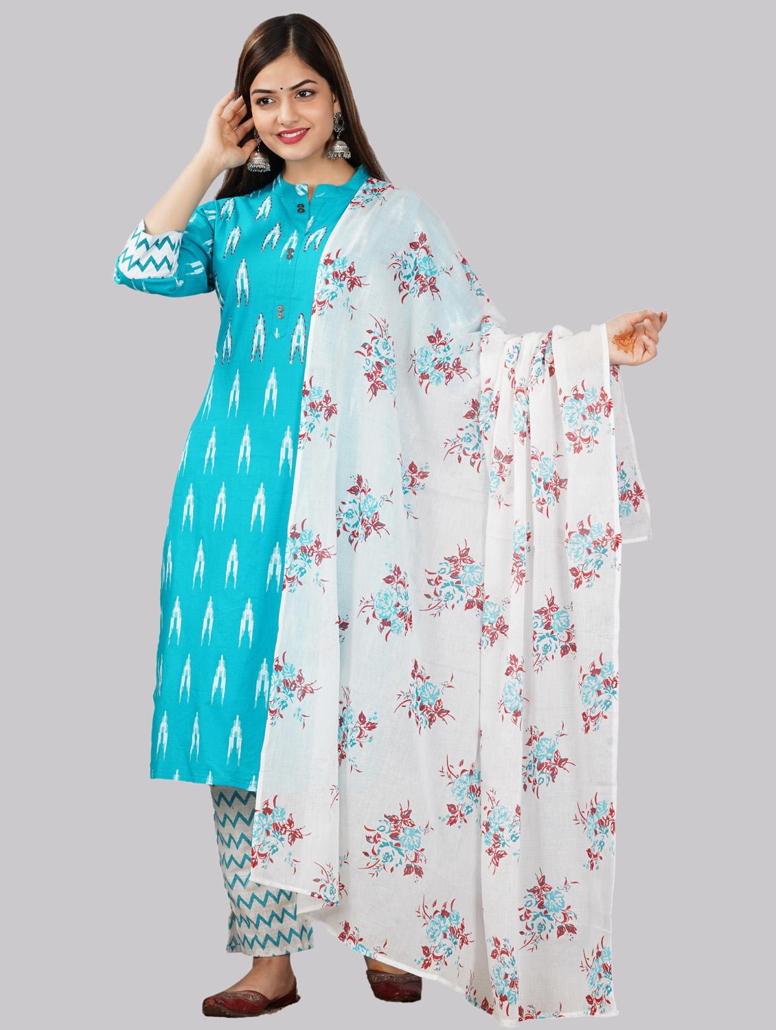 blue colored mandarin collar kurta set - 19586806 - Zoom Image - 0