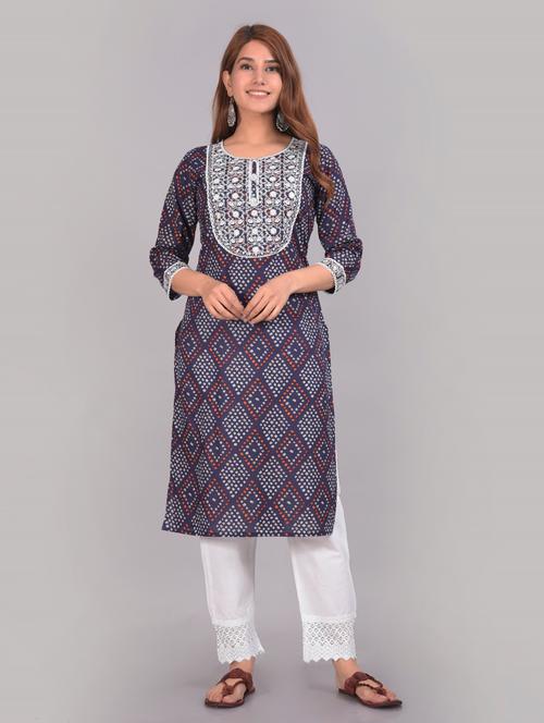 cotton round neck blue kurta pant set - 19588503 -  Standard Image - 0