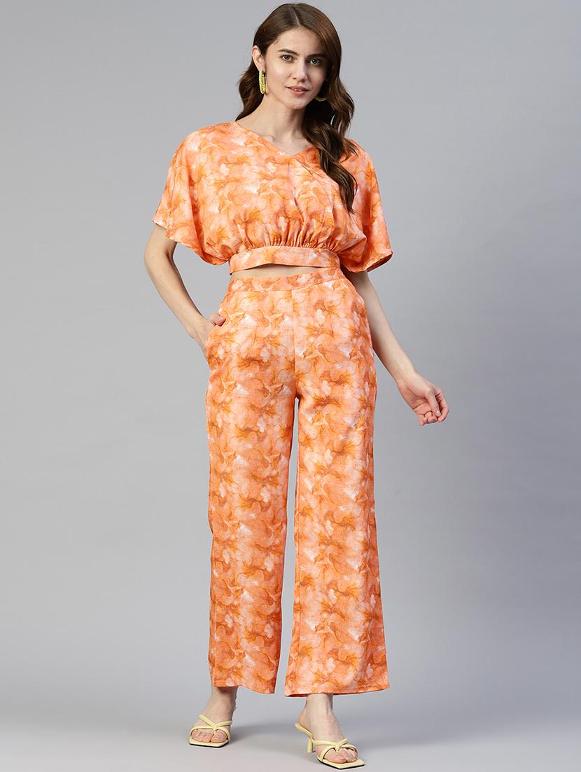 orange cotton blend top and palazzos set coord - 19595615 - Zoom Image - 0