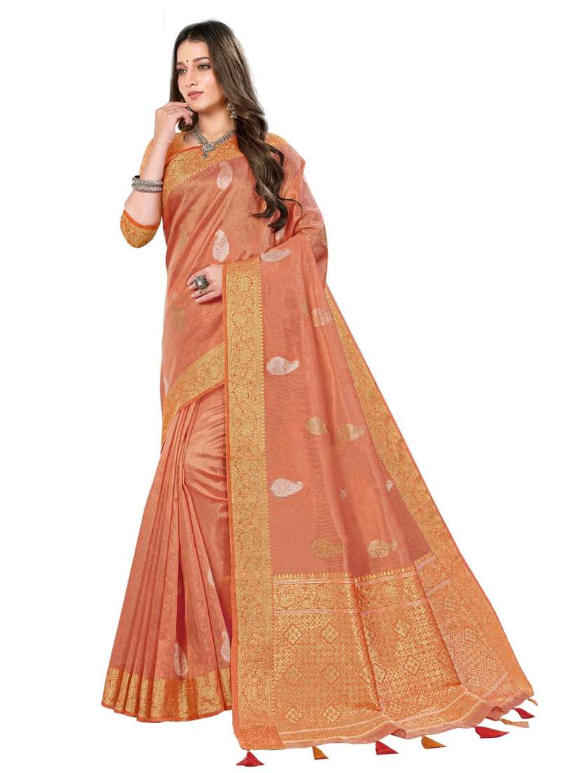 women's self design orange colored saree with blouse