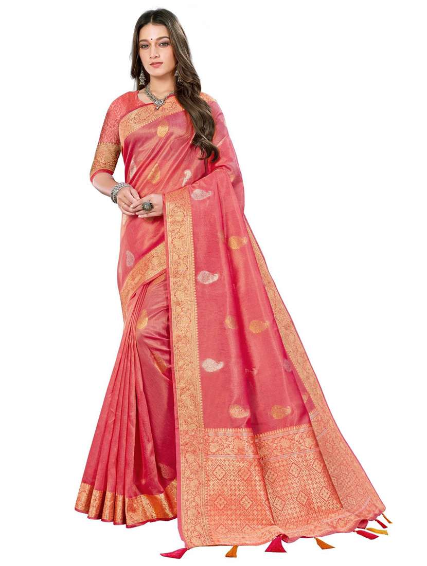 women's paisley orange colored saree with blouse