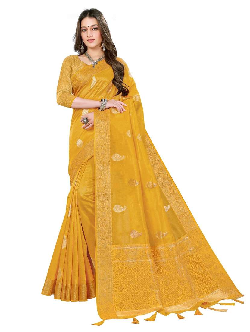 women's paisley yellow colored saree with blouse