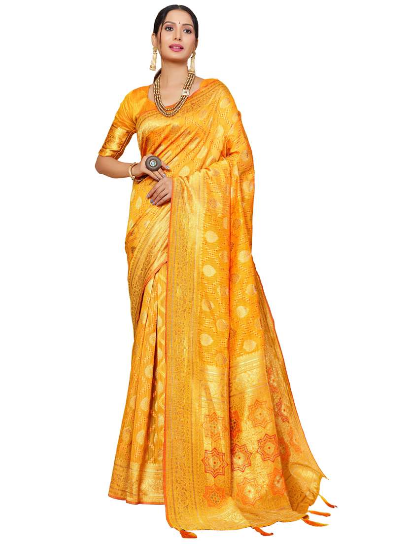 women's self design gold colored saree with blouse