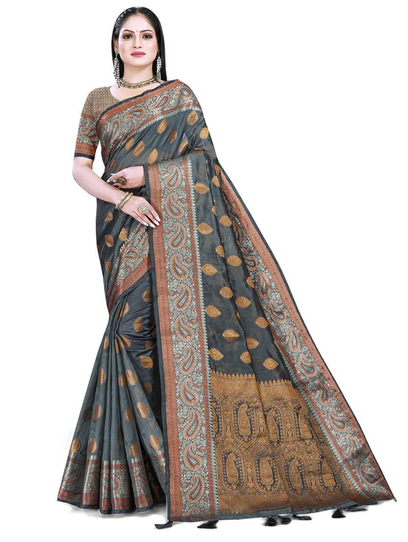 women's paisley charcoal colored saree with blouse