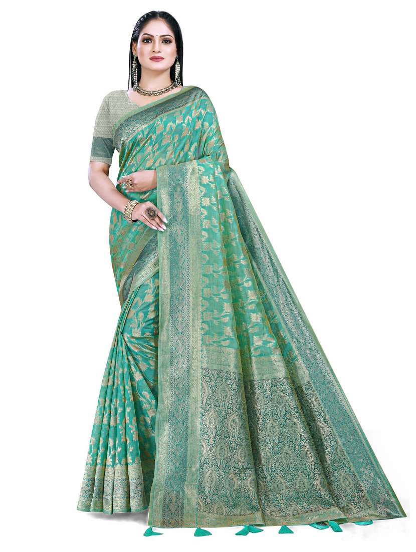 women's self design turquoise colored saree with blouse