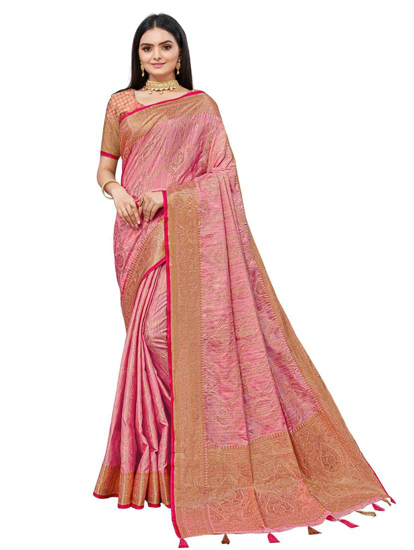 women's self design pink colored saree with blouse