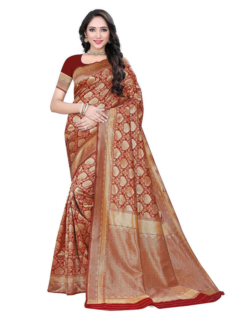women's printed maroon colored saree with blouse
