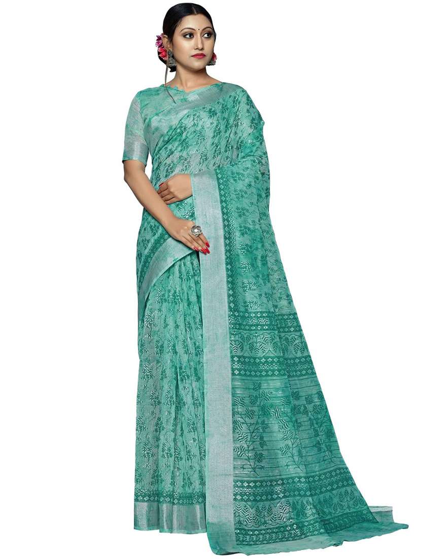 women's foil print turquoise colored saree with blouse