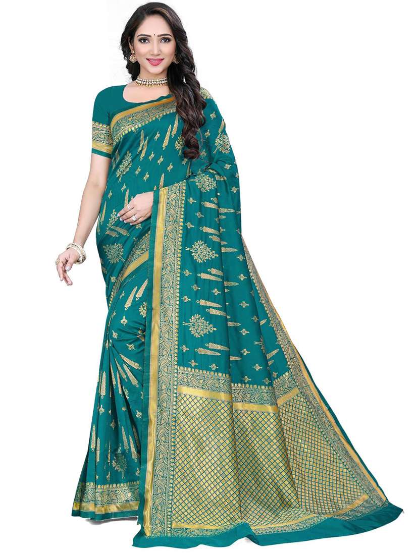 women's self design sea green colored saree with blouse