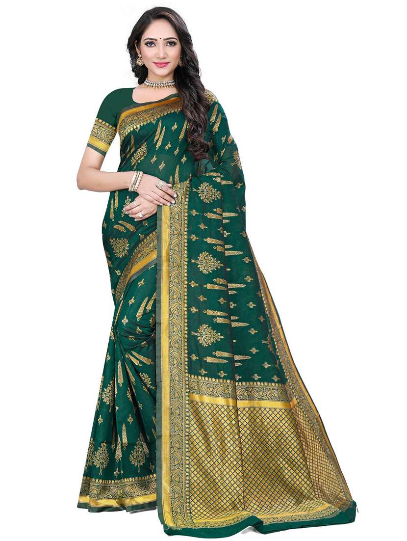 women's self design bottle green colored saree with blouse