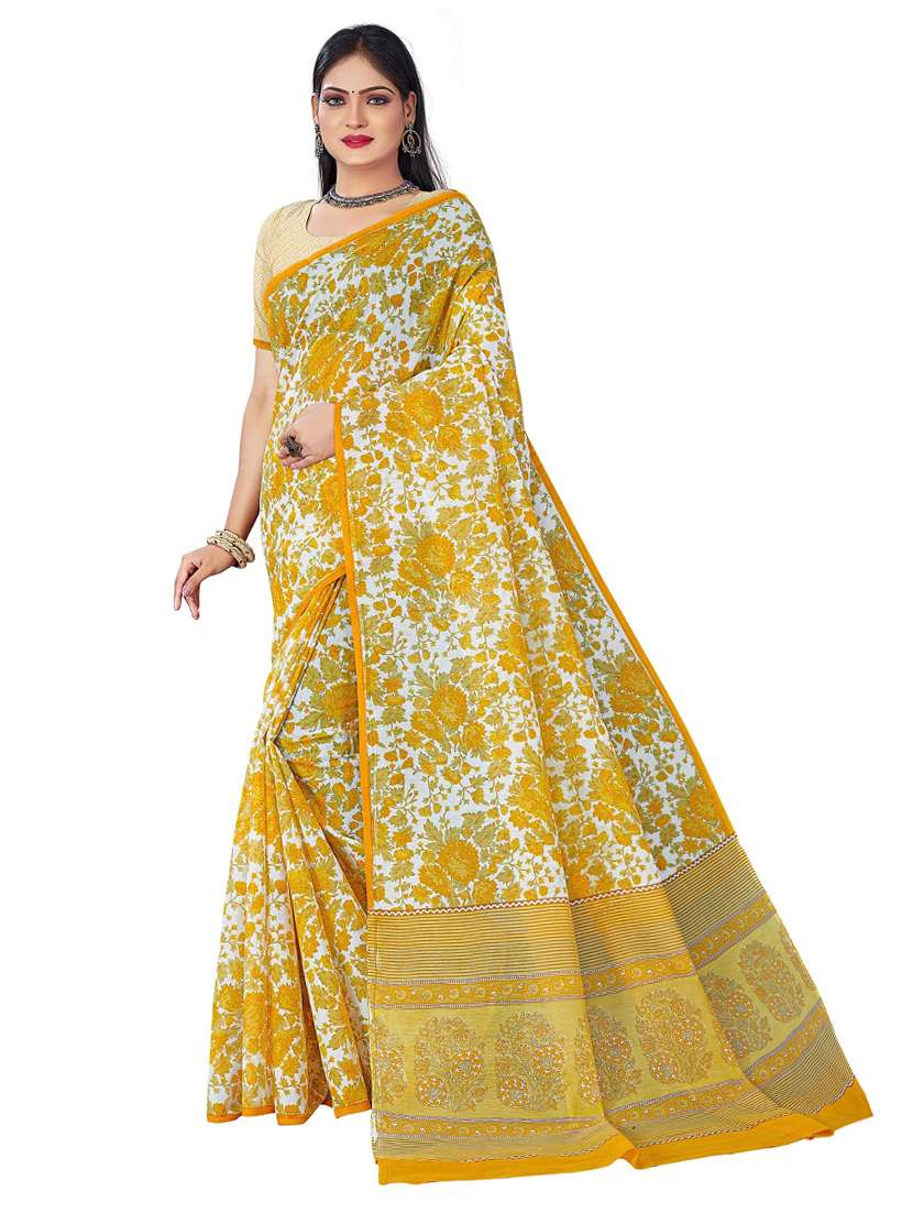 women's floral yellow colored saree with blouse
