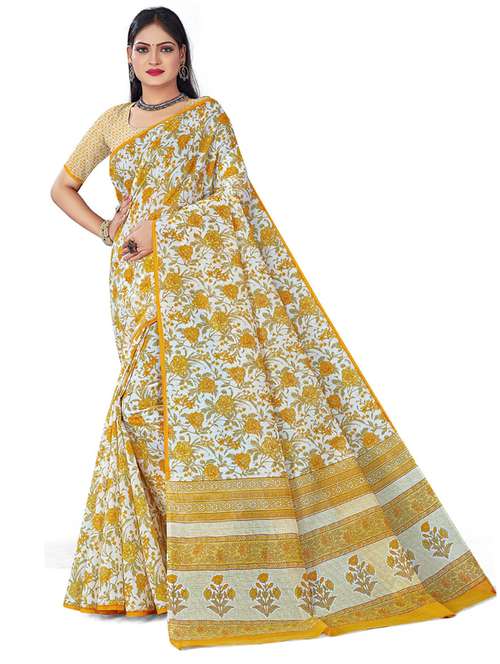 women's floral mellow yellow colored saree with blouse - 19596872 - Standard Image - 0