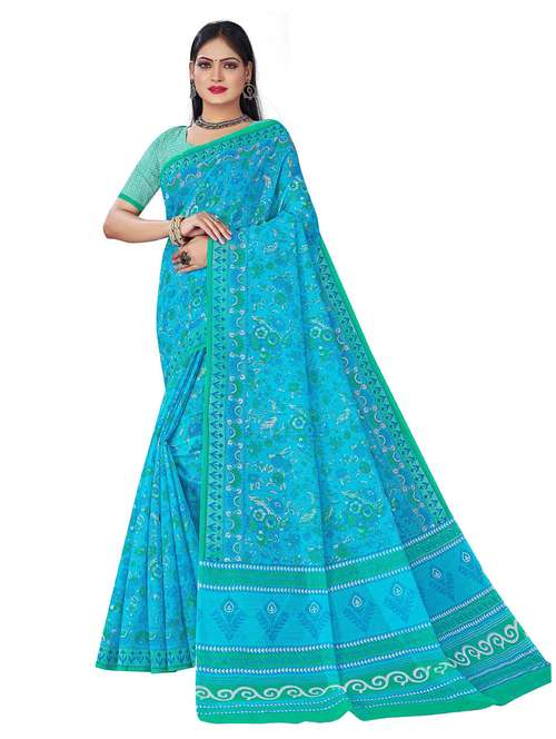 women's printed turquoise colored saree with blouse - 19596876 -  Standard Image - 0