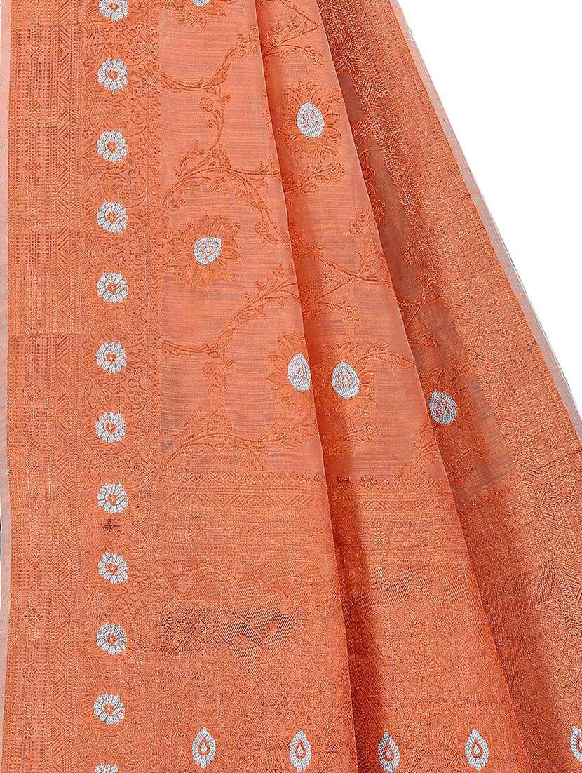 women's self design coral colored saree with blouse - 19596908 -  Standard Image - 3