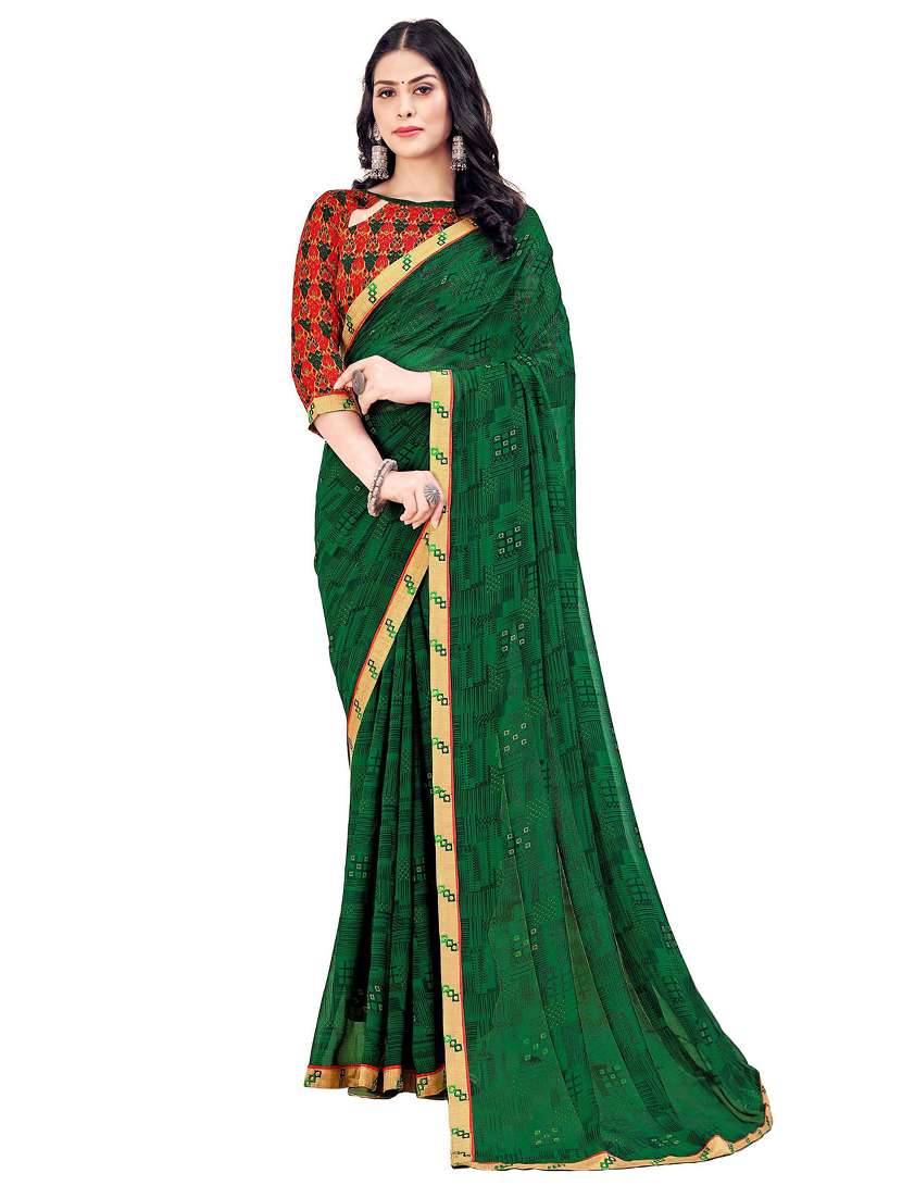 women's self design bottle green colored saree with blouse