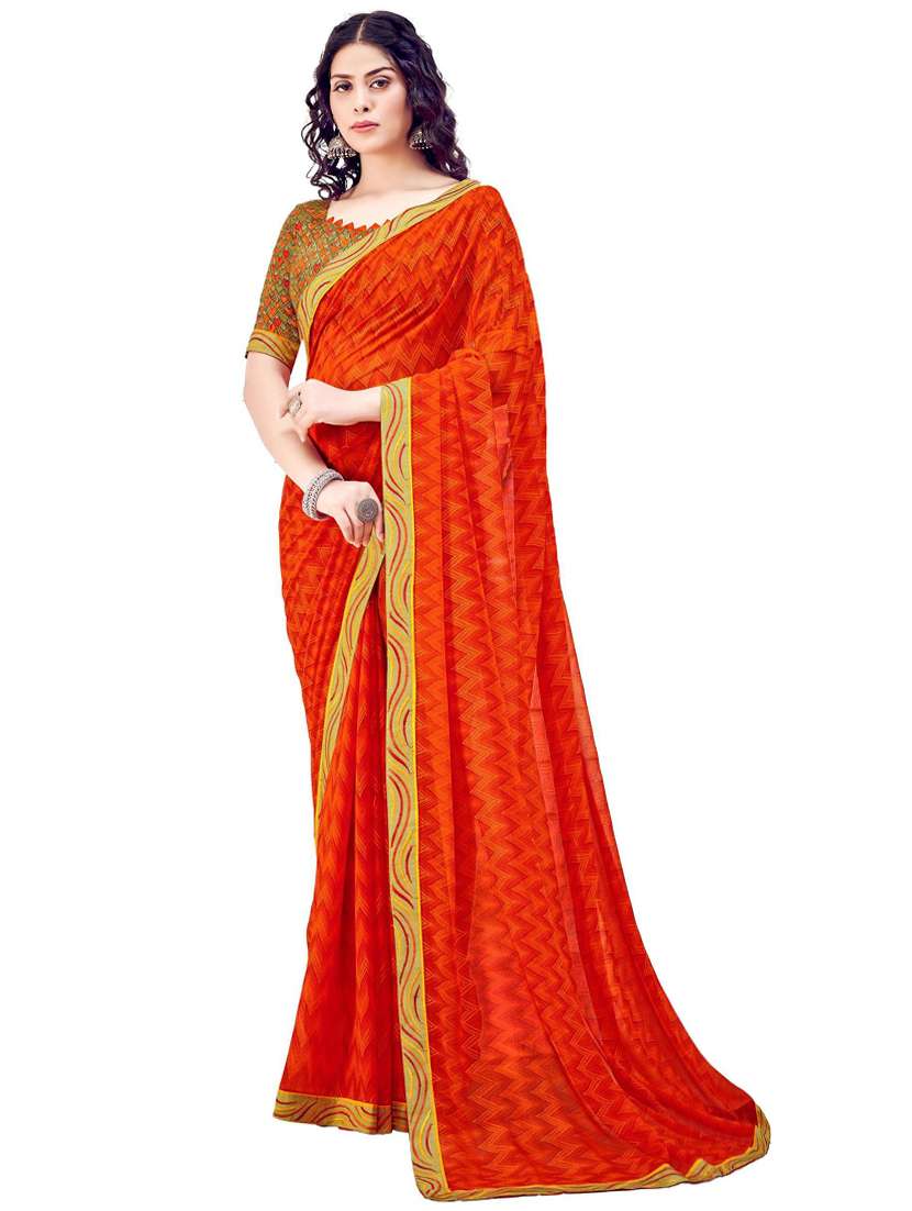 women's chevron orange colored saree with blouse - 19596961 - Zoom Image - 0